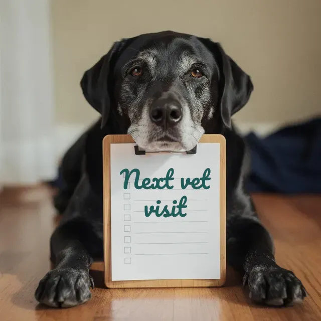Senior dog holding a clipboard that reads Next vet visit